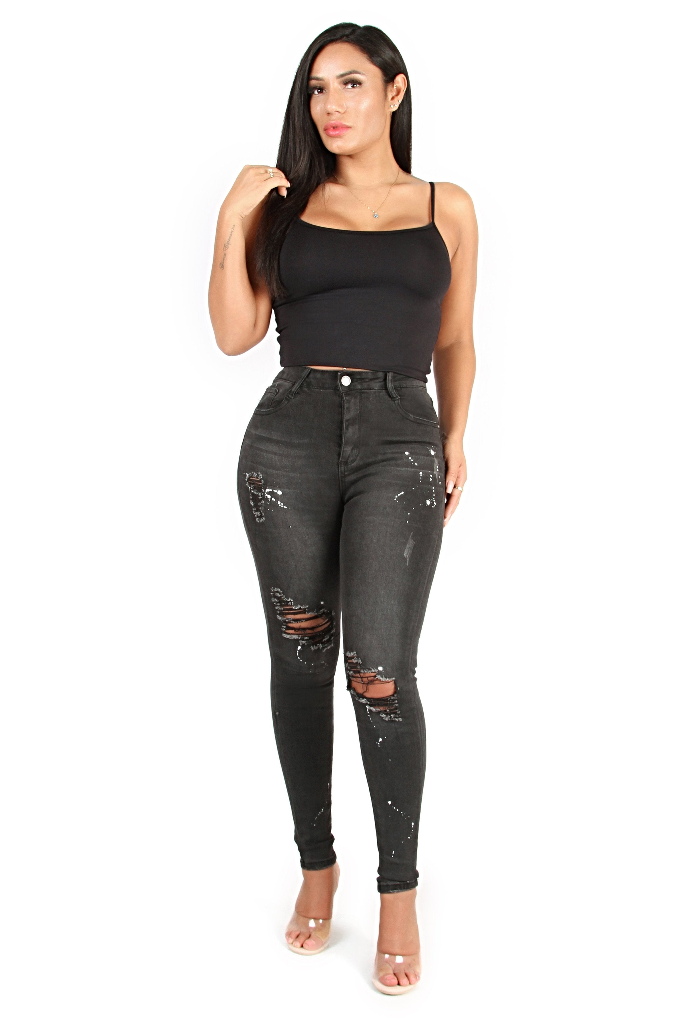 SPLASHED RIPPED JEANS - OFF BLACK