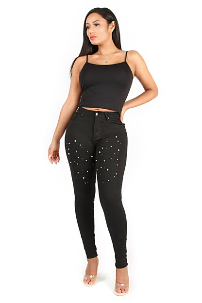 PEARLS AND DIAMONDS SKINNY JEANS - OFF BLACK