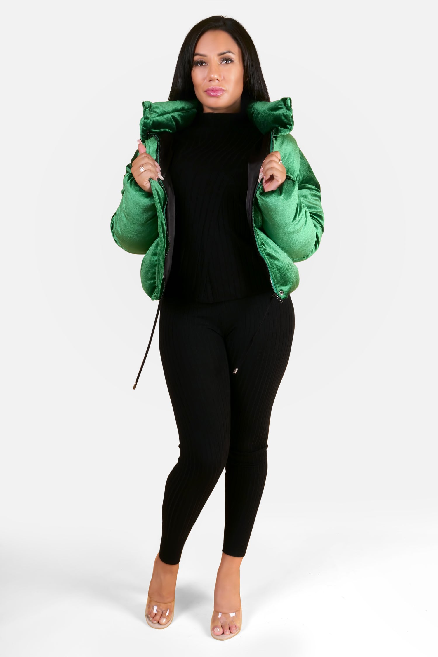 LA SISTERS - VELVET PUFFER JACKET - GREEN