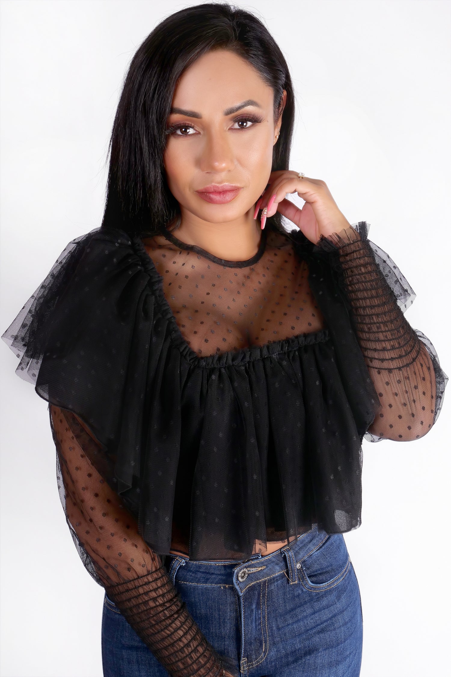 SHEER MESH ELEGANTE CROP TOP - ZWART