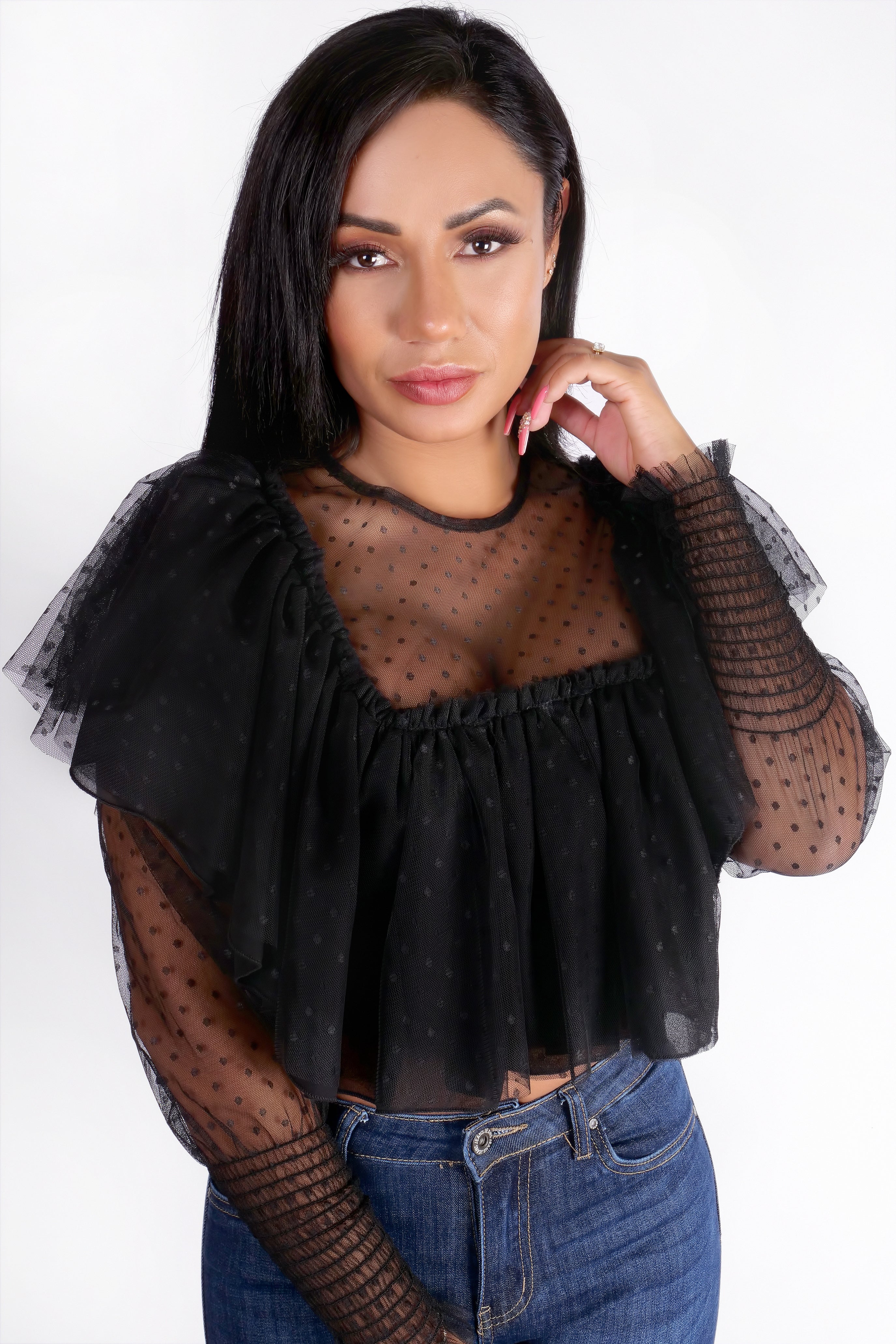 ELEGANTES CROP-TOP AUS DURCHSICHTIGEM MESH - SCHWARZ