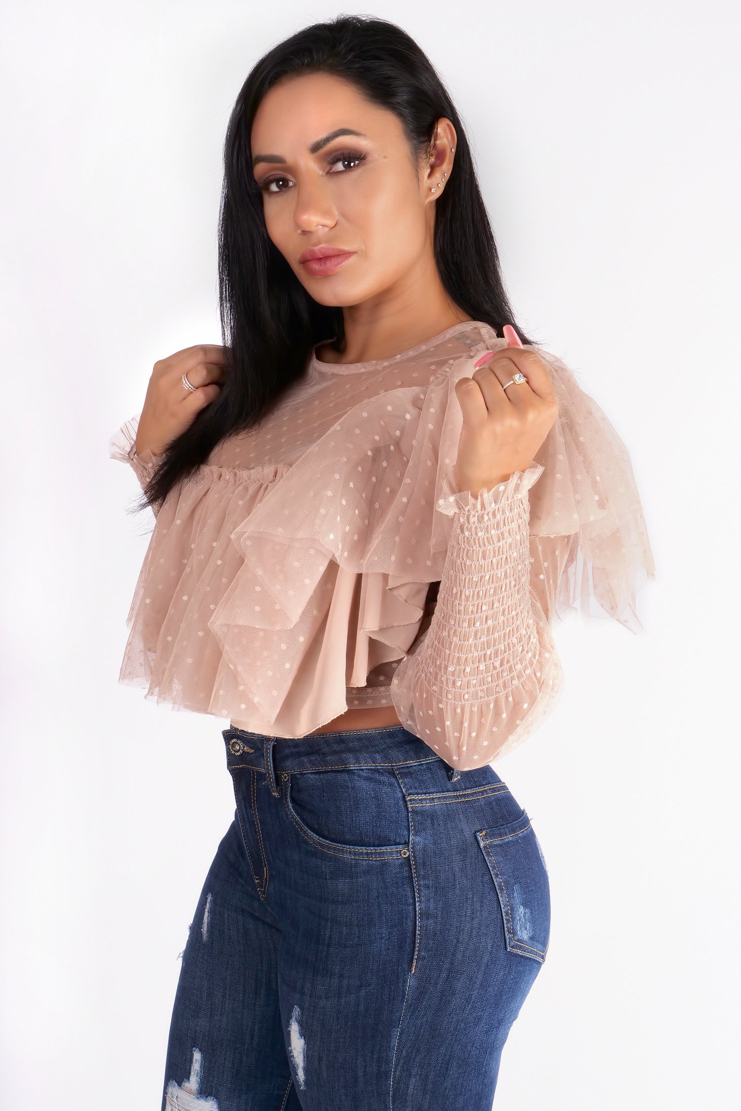 ELEGANTES CROP-TOP AUS DURCHSICHTIGEM MESH - NUDE