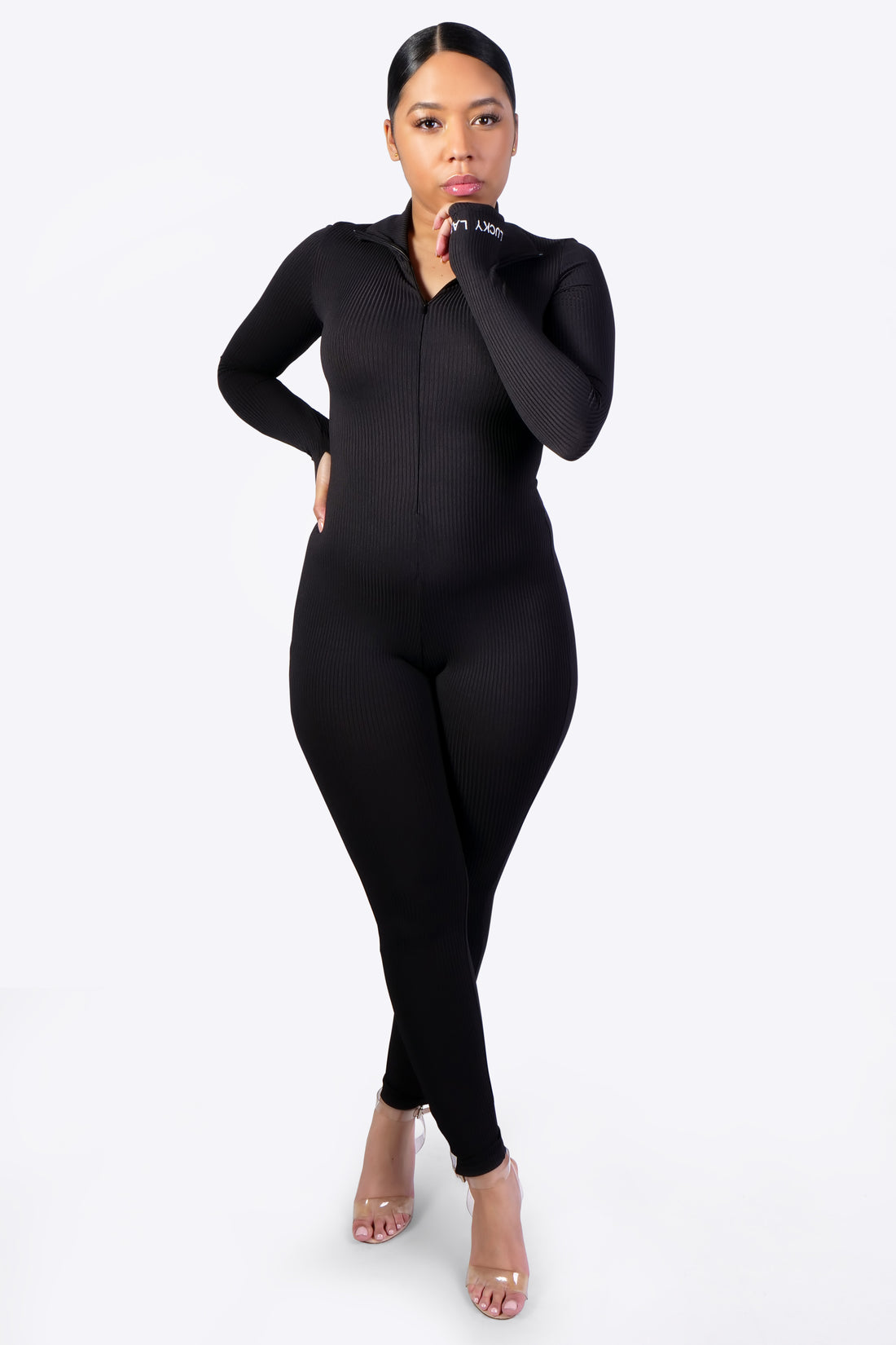 RIBBED LUCKY LABEL JUMPSUIT - BLACK