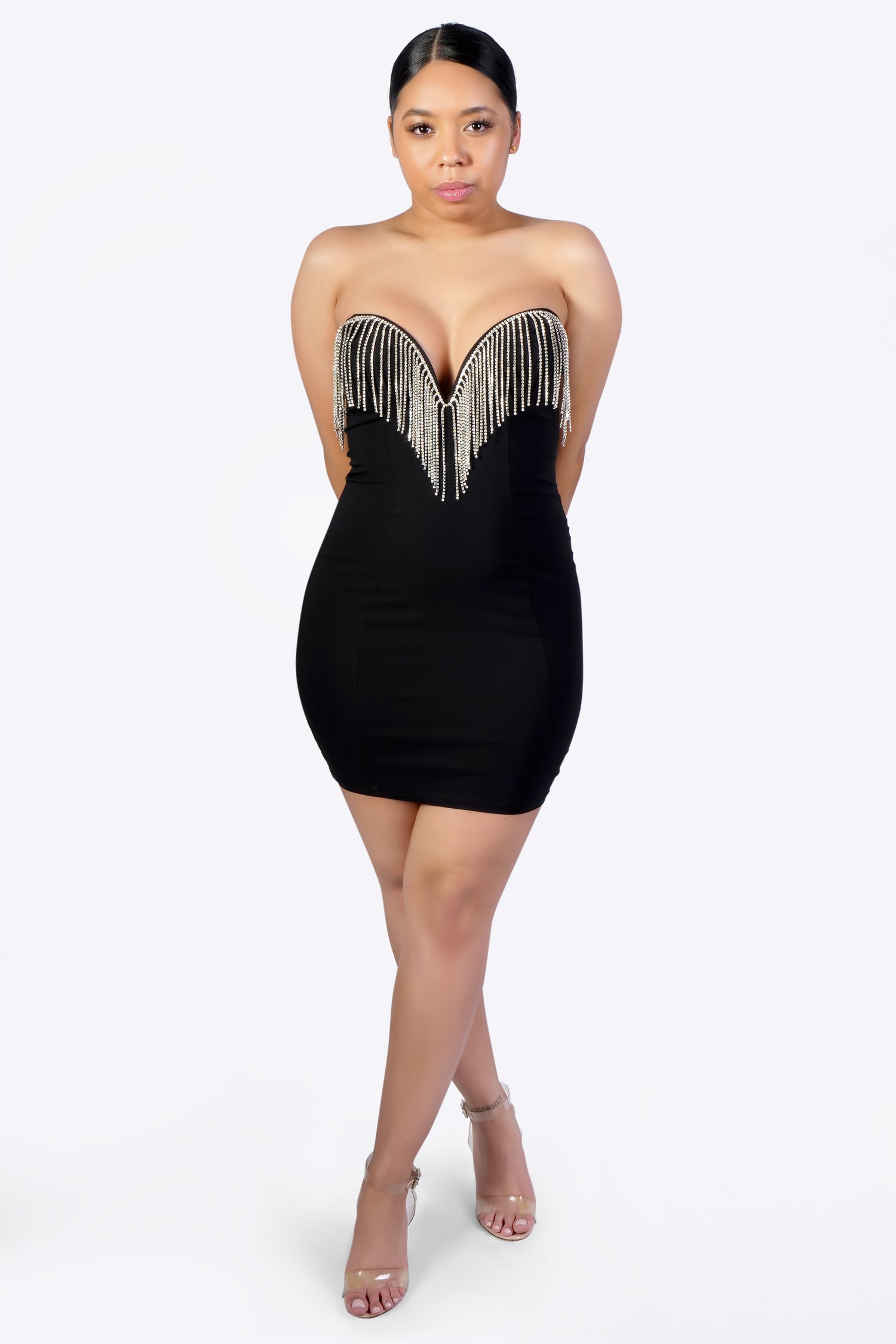 CLASSY MIDI RHINESTONE DRESS - BLACK