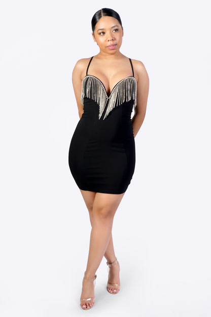 CLASSY MIDI RHINESTONE DRESS - BLACK