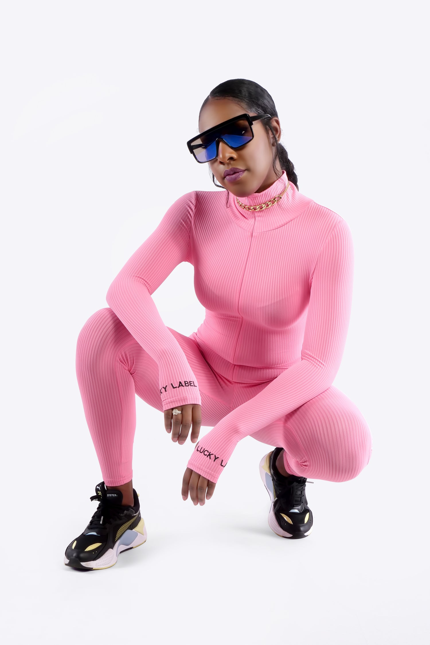 RIBBED LUCKY LABEL JUMPSUIT - PINK