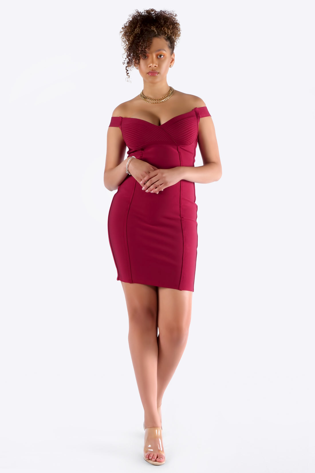 BURGUNDY OFFSHOULDER BANDAGE DRESS